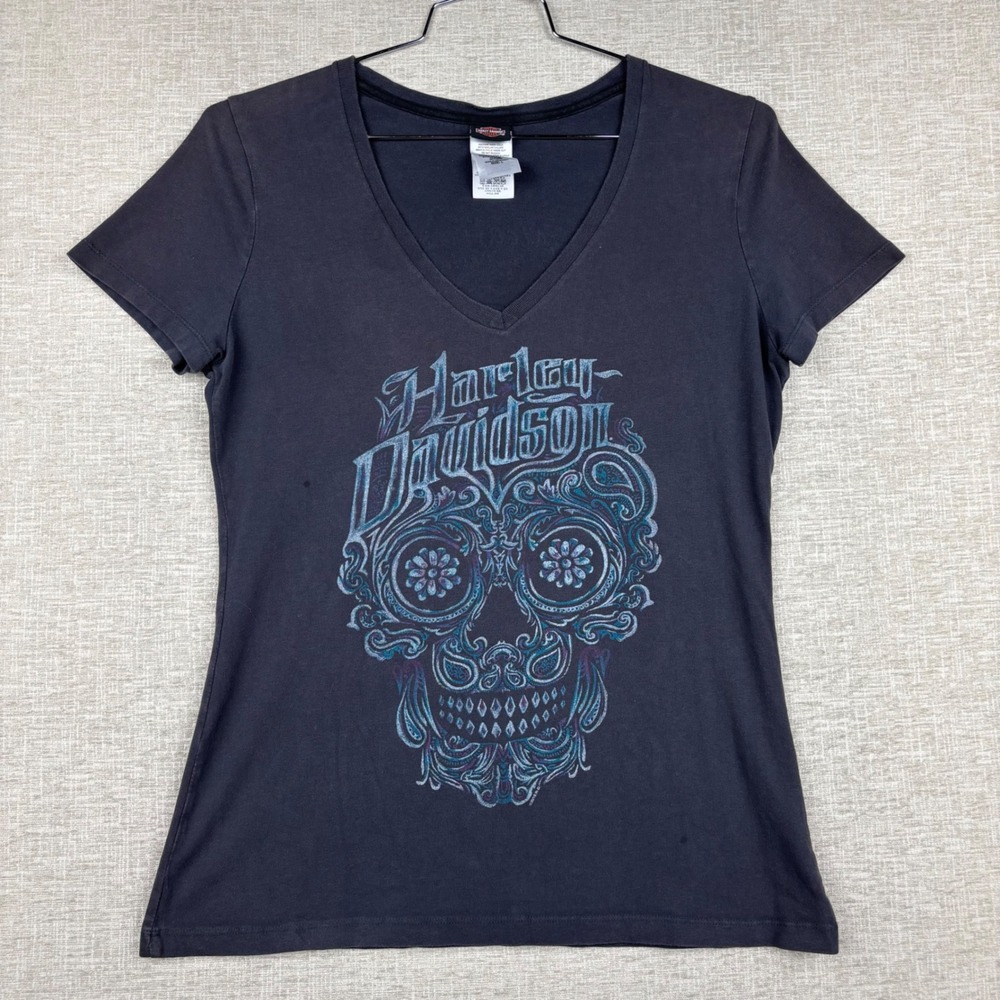 Harley-Davidson Alcatraz San Francisco Sugar Skull V-Neck Graphic T-Shirt Black